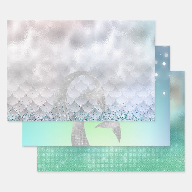 Silver Aqua Pink Purple Glitter Sparkle Mermaid Wrapping Paper Sheets (Set)