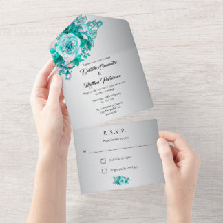 Silver Aqua Rose All in One Wedding Invitation