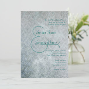 Silver Aqua Rustic Distressed Lace Damask Wedding Invitation