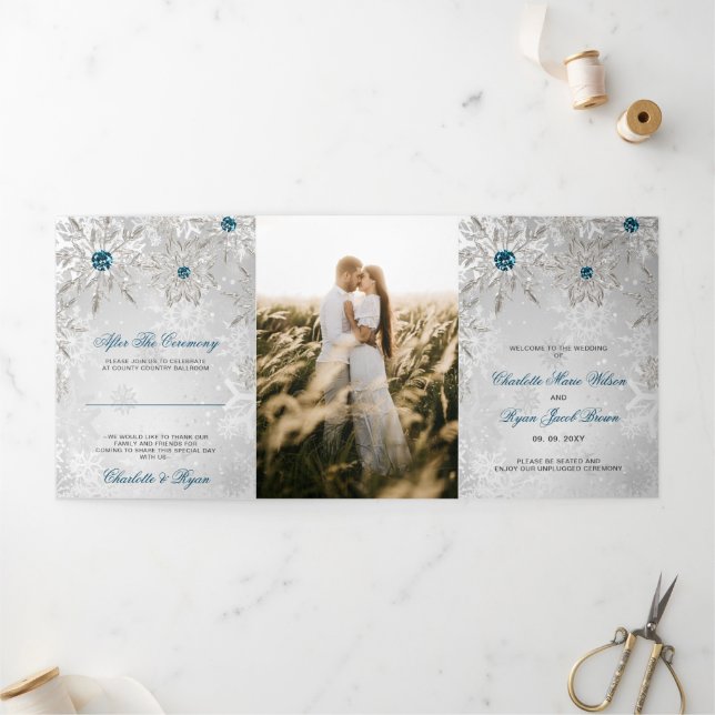 Silver Aqua Snowflake Winter Wedding Tri-Fold Program (Outside)