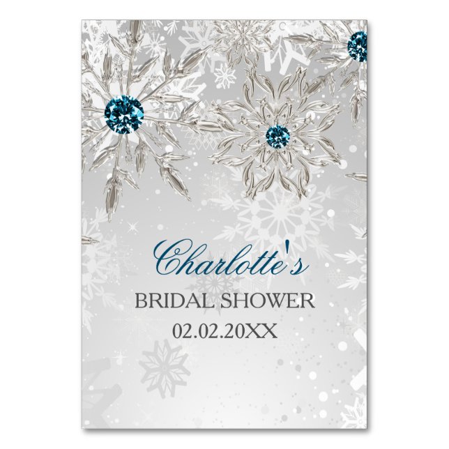 silver aqua snowflakes bridal shower bingo cards (Front)