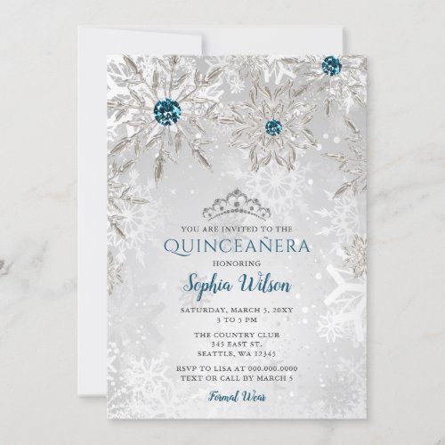 Silver Aqua Snowflakes Tiara Quinceaera  Invitation