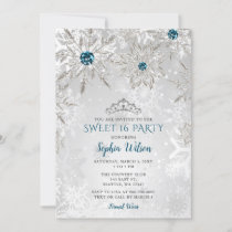 Silver Aqua Snowflakes Tiara Sweet 16  Invitation