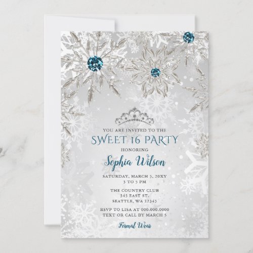 Silver Aqua Snowflakes Tiara Sweet 16  Invitation