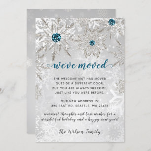 Silver Aqua Snowflakes We've Moved Holiday Cards