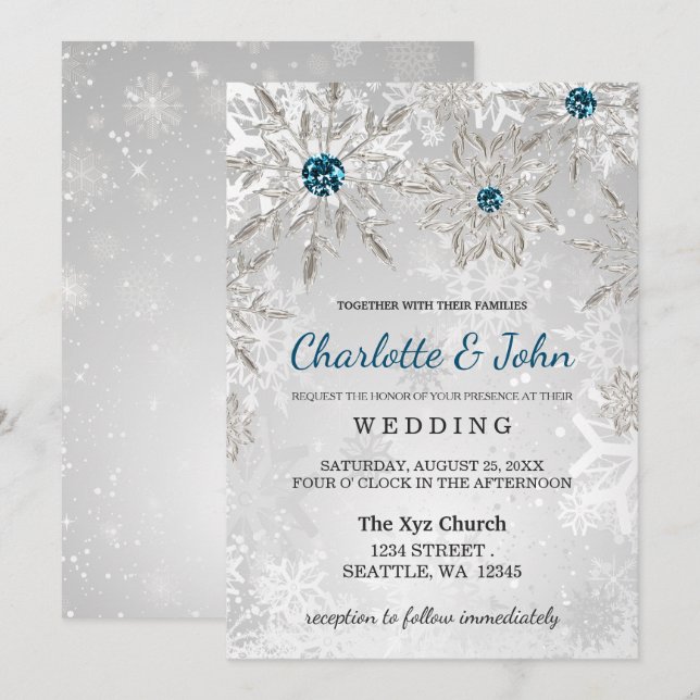 silver aqua snowflakes winter wedding invitation (Front/Back)