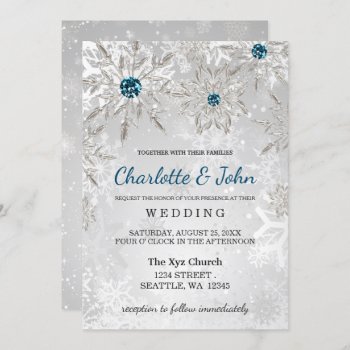 Silver Aqua Snowflakes Winter Wedding Invitation by blessedwedding at Zazzle