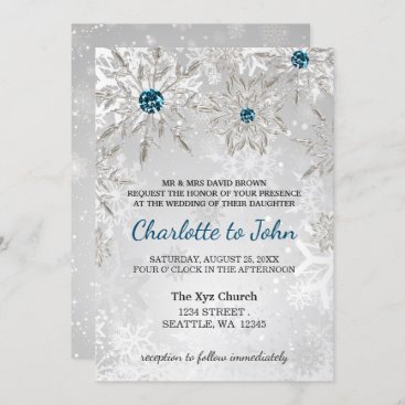 silver aqua snowflakes winter wedding invitation