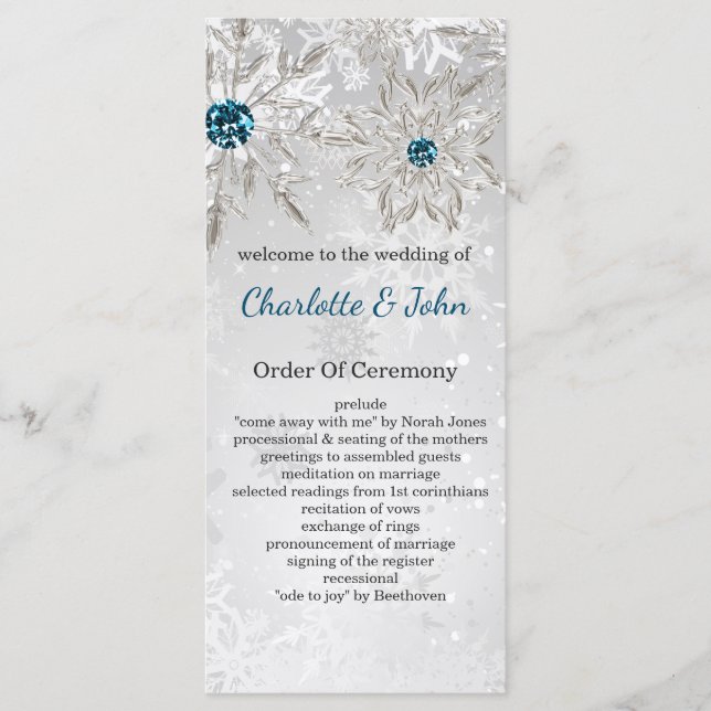 silver aqua snowflakes winter wedding programs (Front)