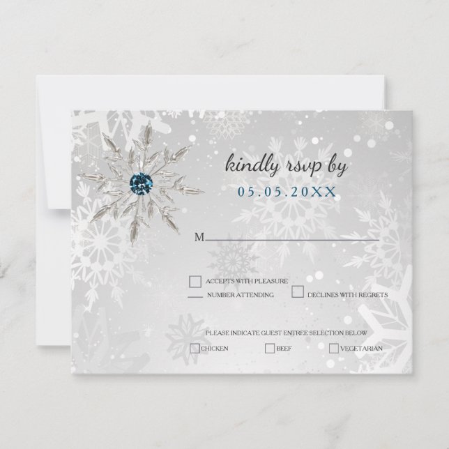 silver aqua snowflakes winter wedding rsvp invitation (Front)