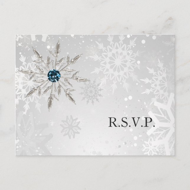 silver aqua snowflakes winter wedding rsvp invitation postcard (Front)