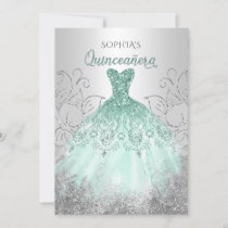 Silver Aqua Sparkle Dress Quinceañera Quince Invitation
