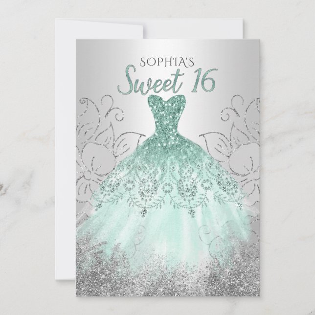 Silver Aqua Sparkle Dress Sweet 16 birthday Invitation (Front)