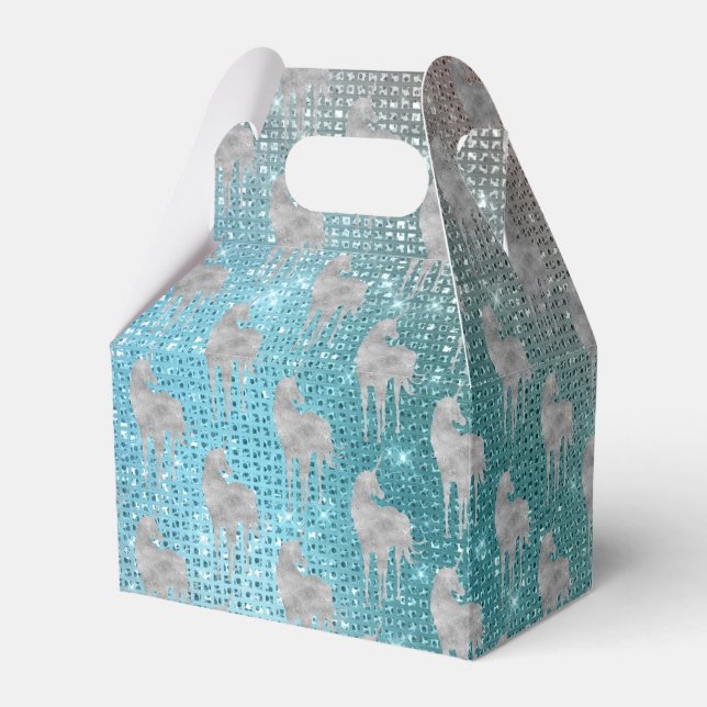 Silver Aqua Sparkle Unicorns Favor Boxes (Front Side)