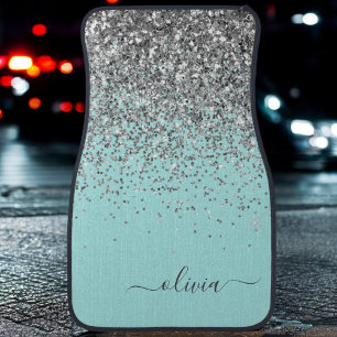 Silver Aqua Teal Blue Girly Glitter Monogram Car F Floor Mat