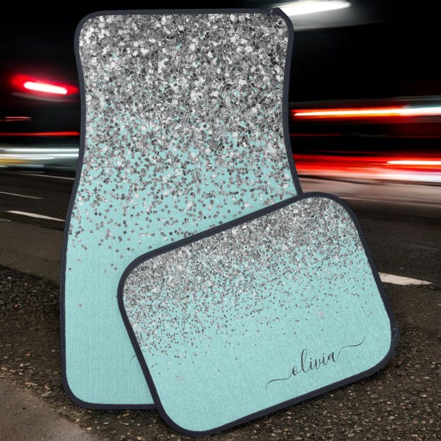Silver Aqua Teal Blue Girly Glitter Monogram Car Floor Mat (Creator Uploaded)