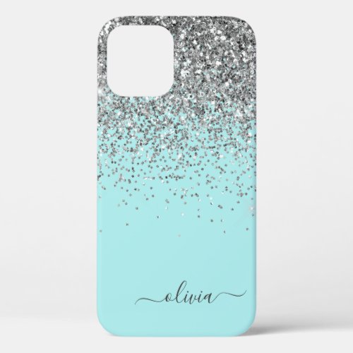 Silver Aqua Teal Blue Girly Glitter Monogram Case_ iPhone 12 Case