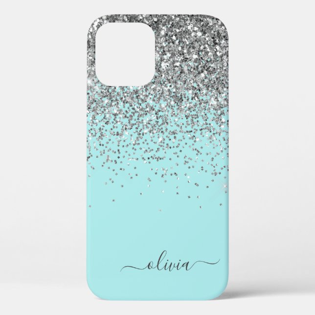 Silver Aqua Teal Blue Girly Glitter Monogram Case- Case-Mate iPhone Case (Back)