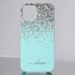 Silver Aqua Teal Blue Girly Glitter Monogram Case- iPhone 12 Case