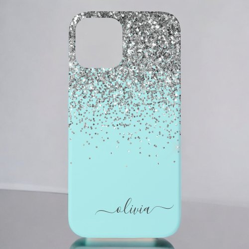 Silver Aqua Teal Blue Girly Glitter Monogram Case_ iPhone 12 Case