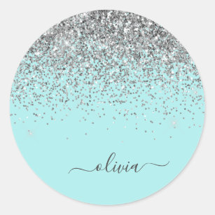Silver Aqua Teal Blue Girly Glitter Monogram Classic Round Sticker