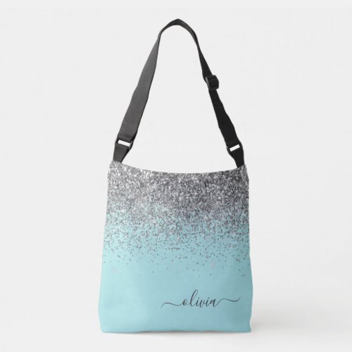 Silver Aqua Teal Blue Girly Glitter Monogram Crossbody Bag