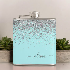 Silver Aqua Teal Blue Girly Glitter Monogram Flask