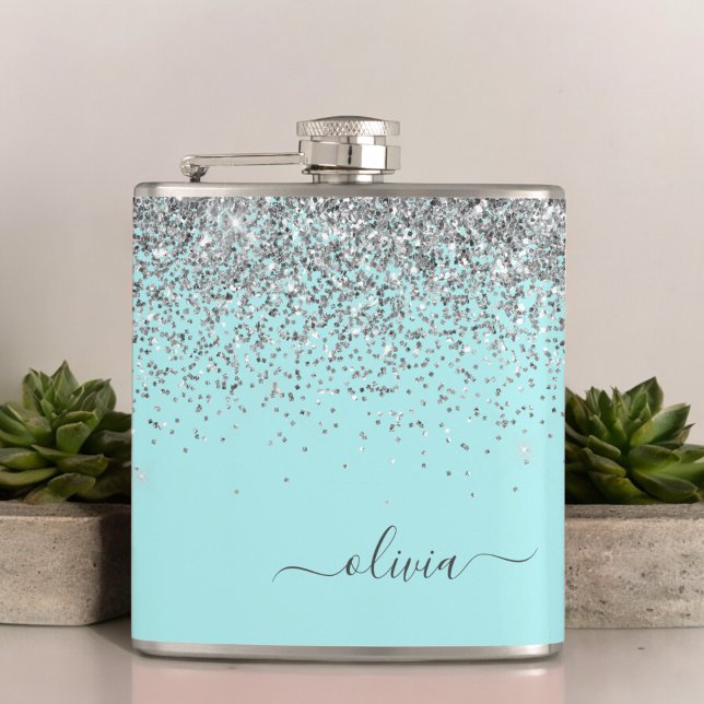 Silver Aqua Teal Blue Girly Glitter Monogram Flask (Creator Uploaded)