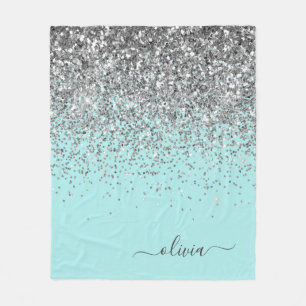 Silver Aqua Teal Blue Girly Glitter Monogram Fleece Blanket