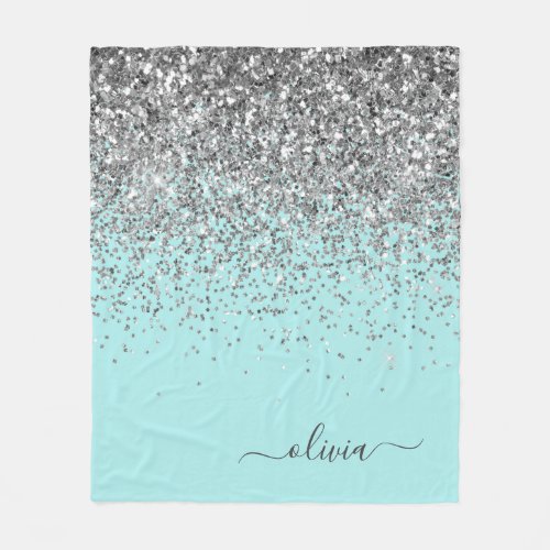 Silver Aqua Teal Blue Girly Glitter Monogram Fleece Blanket