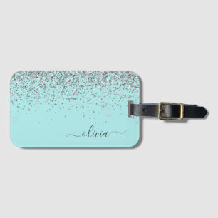 Silver Aqua Teal Blue Girly Glitter Monogram Luggage Tag