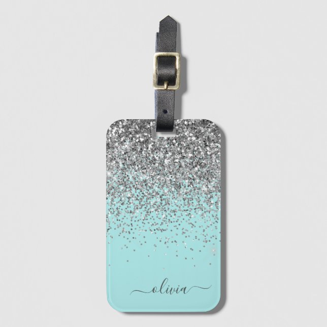 Silver Aqua Teal Blue Girly Glitter Monogram Luggage Tag (Front Vertical)