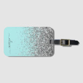 Silver Aqua Teal Blue Girly Glitter Monogram Luggage Tag (Front Horizontal)