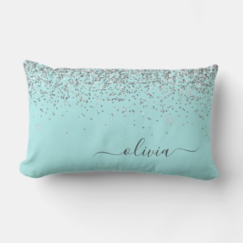 Silver Aqua Teal Blue Girly Glitter Monogram Lumbar Pillow