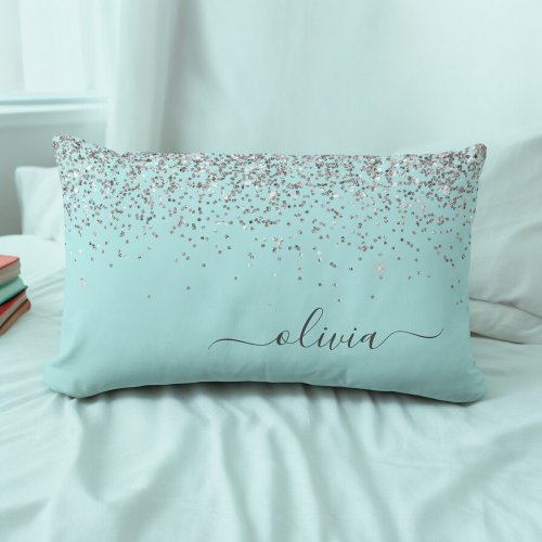 Silver Aqua Teal Blue Girly Glitter Monogram Lumbar Pillow