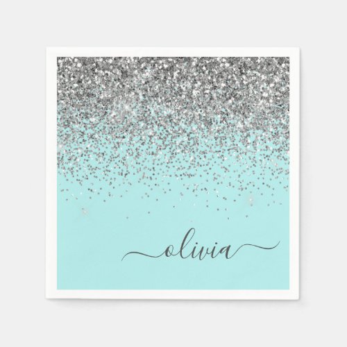 Silver Aqua Teal Blue Girly Glitter Monogram Napkins