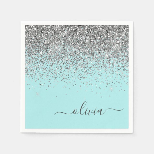 Silver Aqua Teal Blue Girly Glitter Monogram Napkins (Front)