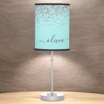 Silver Aqua Teal Blue Girly Glitter Monogram Table Lamp