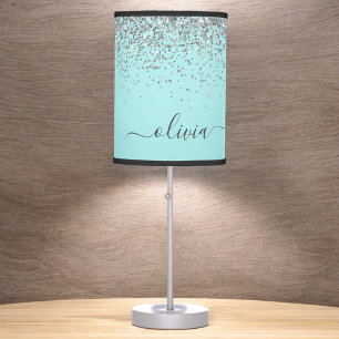 Silver Aqua Teal Blue Girly Glitter Monogram Table Lamp