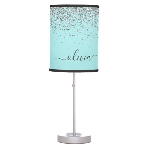 Silver Aqua Teal Blue Girly Glitter Monogram Table Lamp