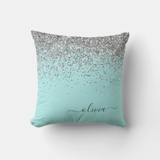 Silver Aqua Teal Blue Girly Glitter Monogram Throw Pillow (Front)