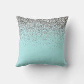 Silver Aqua Teal Blue Girly Glitter Monogram Throw Pillow (Back)