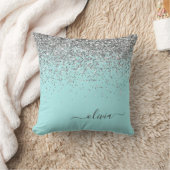 Silver Aqua Teal Blue Girly Glitter Monogram Throw Pillow (Blanket)