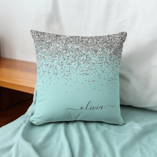 Silver Aqua Teal Blue Girly Glitter Monogram Throw Pillow