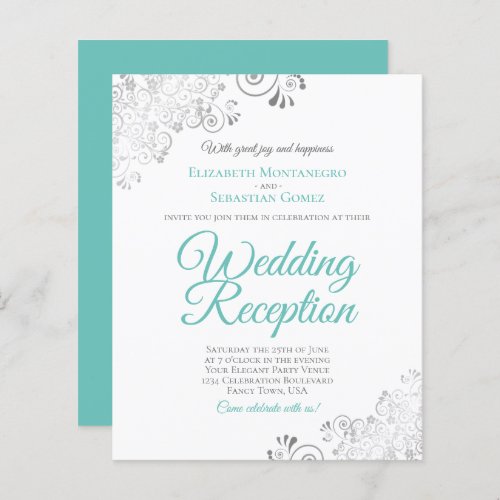 Silver Aqua White BUDGET Wedding Reception Invite