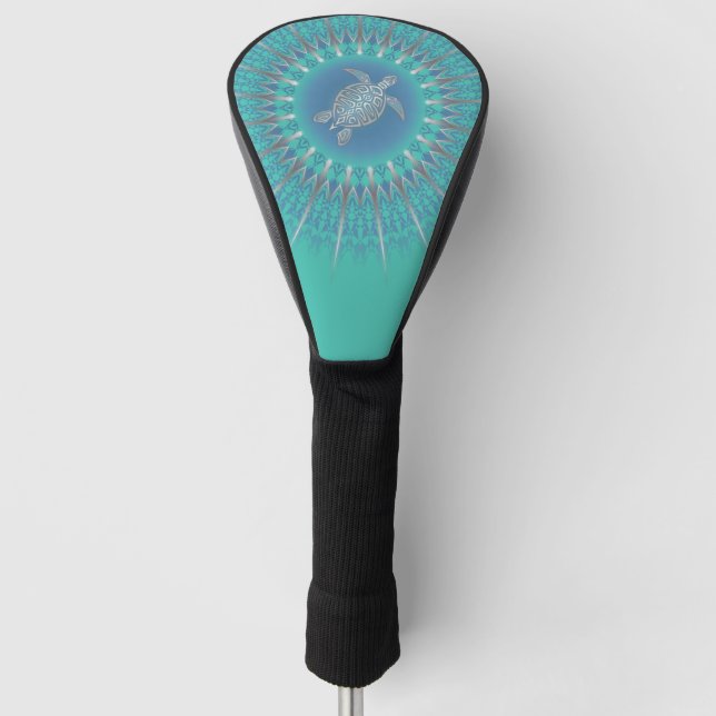 Silver Aquamarine Sea Turtle And Mandala Coastal Golf Head Cover (Front)