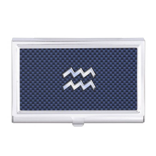 Silver Aquarius Sign on Navy Blue Carbon Fiber Art Business Card Case