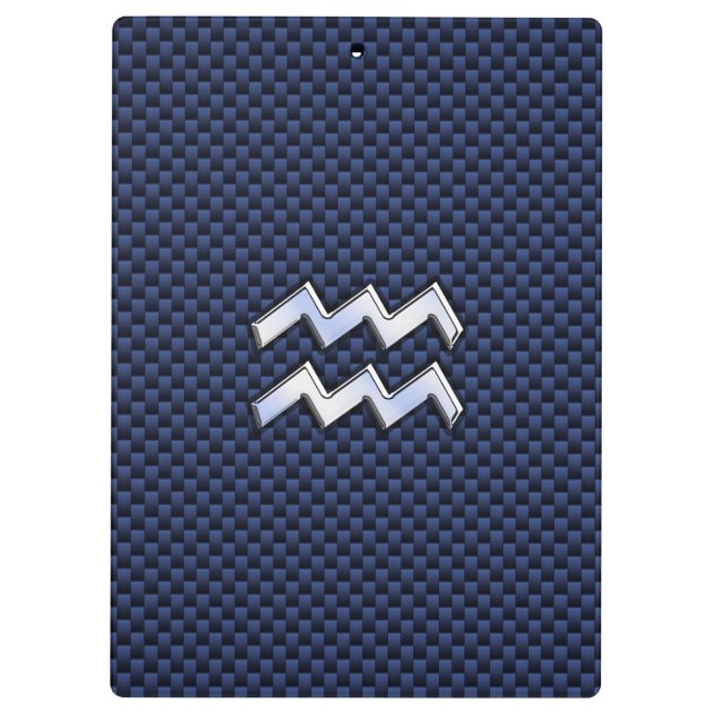 Silver Aquarius Sign on Navy Blue Carbon Fiber Art Clipboard (Back)