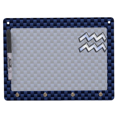 Silver Aquarius Sign on Navy Blue Carbon Fiber Art Dry Erase Board With Keychain Holder