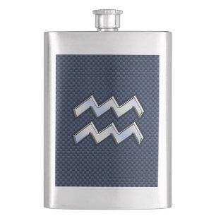 Silver Aquarius Sign on Navy Blue Carbon Fiber Art Hip Flask